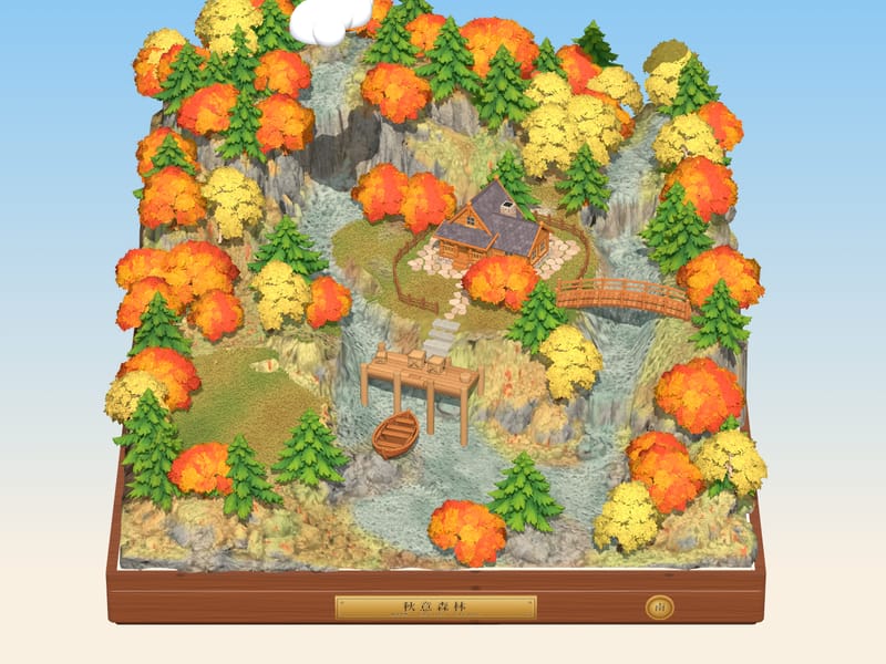 A miniature autumn forest with a wooden cabin, red and gold trees, a stream and a small boat