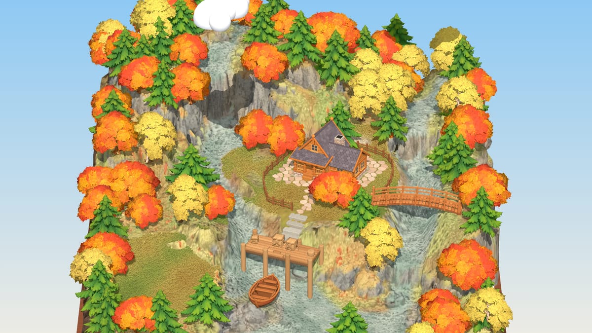 A miniature autumn forest with a wooden cabin, red and gold trees, a stream and a small boat