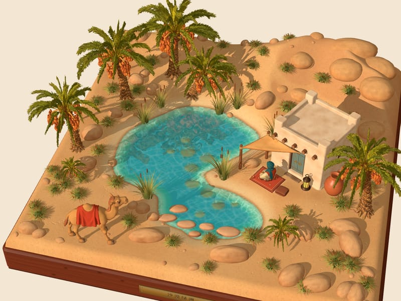 A miniature desert oasis with a blue pool, date palms, a camel and a white house