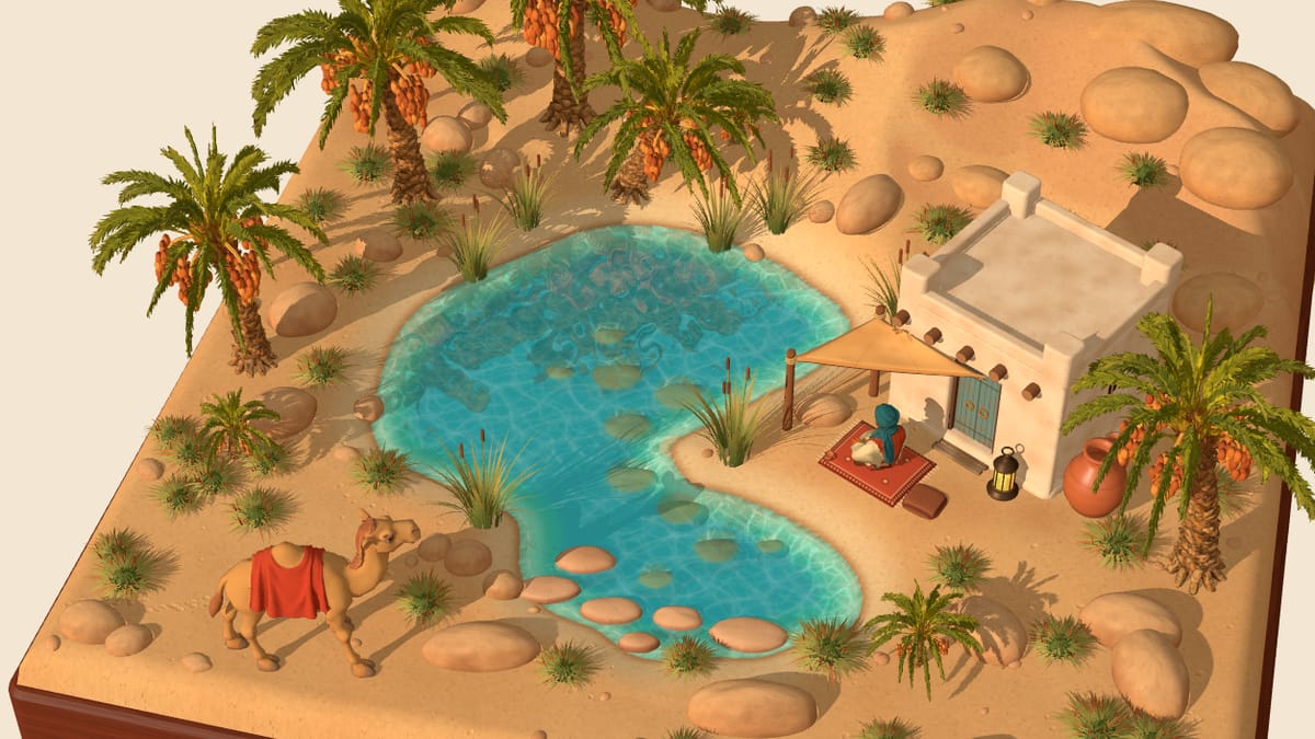 A miniature desert oasis with a blue pool, date palms, a camel and a white house