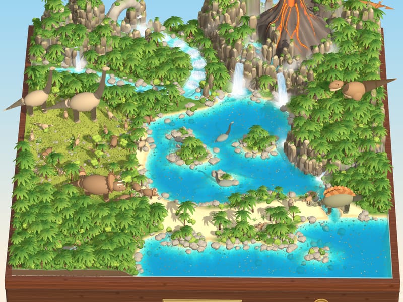 A miniature dinosaur island with a volcano, waterfalls, a lagoon and dinosaurs