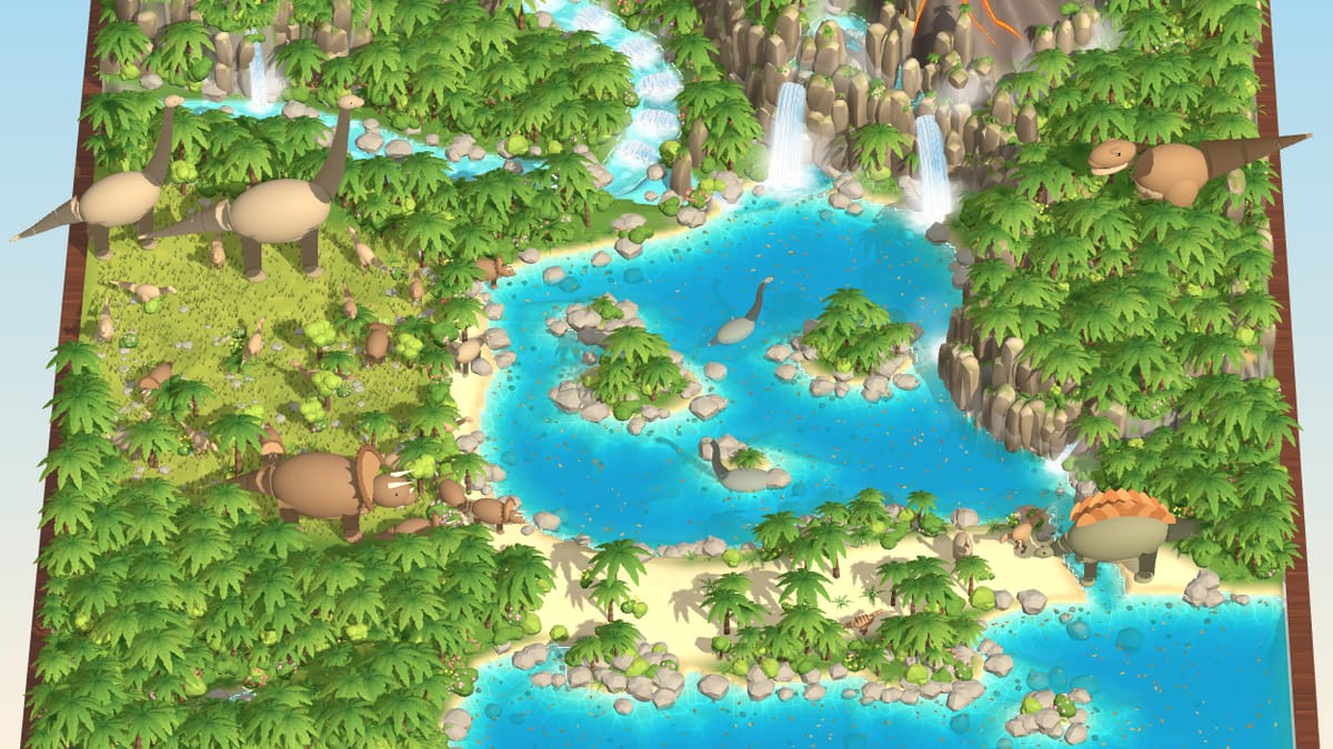 A miniature dinosaur island with a volcano, waterfalls, a lagoon and dinosaurs