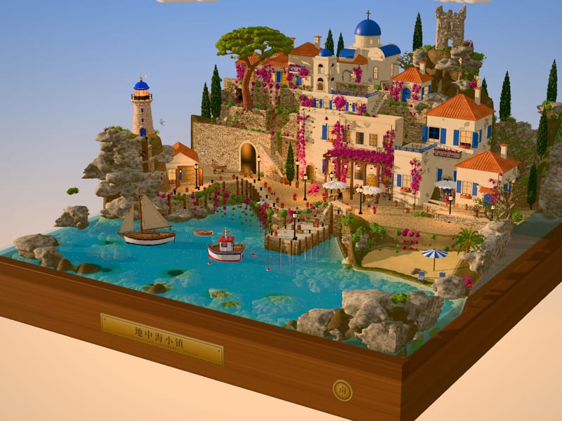 A miniature Mediterranean town with white houses, blue domes, a lighthouse and boats in a harbour