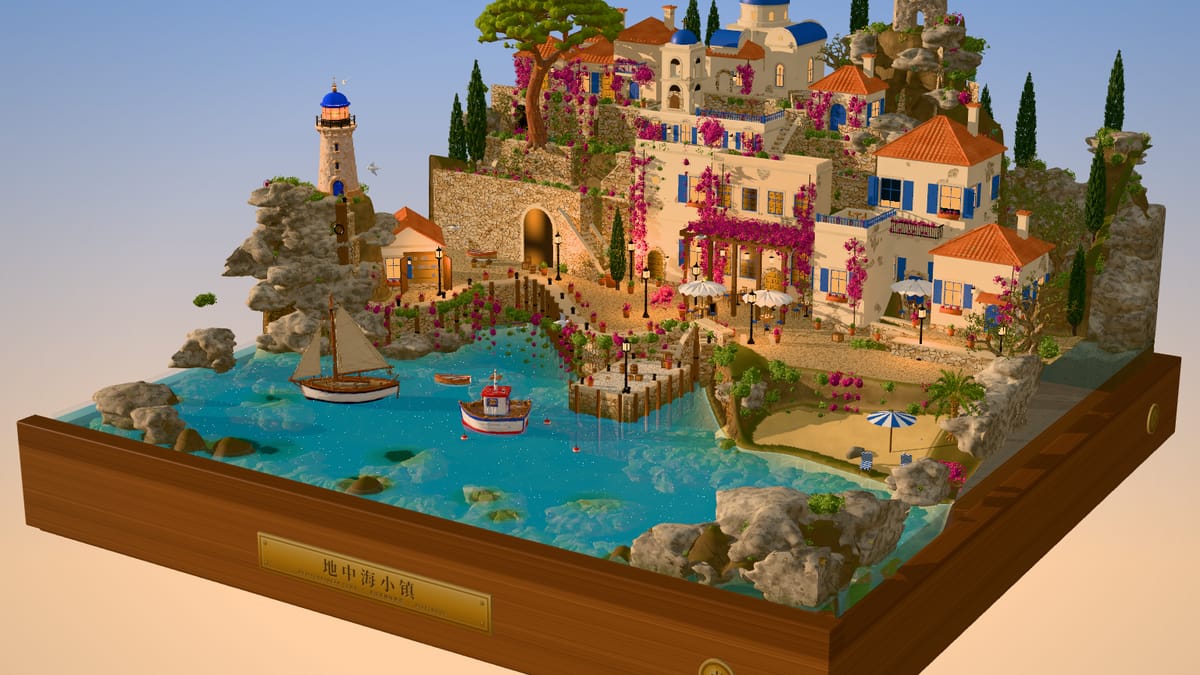 A miniature Mediterranean town with white houses, blue domes, a lighthouse and boats in a harbour