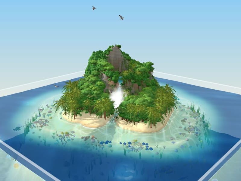 A miniature tropical island with a waterfall, palm trees and a coral reef in a glass tank